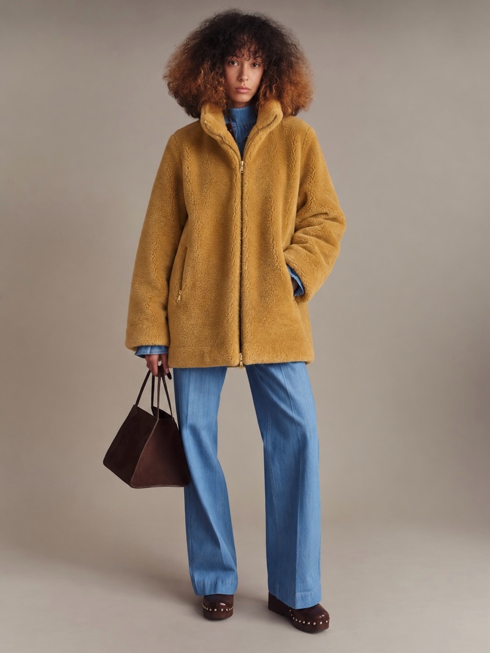 LOFT | Mustard Yellow Teddy Faux Shearling Funnel Neck Zip-Front Jacket ~ Small